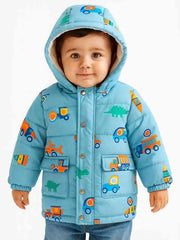 Kids Blue Printed Hooded Puffer Jacket – Warm & Lightweight Winter Wear