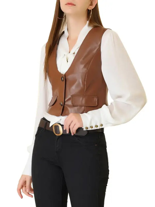 Women’s Brown Faux Leather Vest with Button Front, Tailored Fit