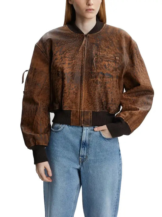 Vintage Brown Distressed Leather Bomber Jacket for Women