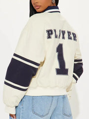 Women’s Cream Varsity Jacket with Athletic Lettering and Zip Front