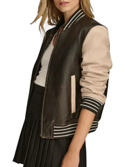 Women’s Two Tone Brown and Beige Leather Varsity Jacket