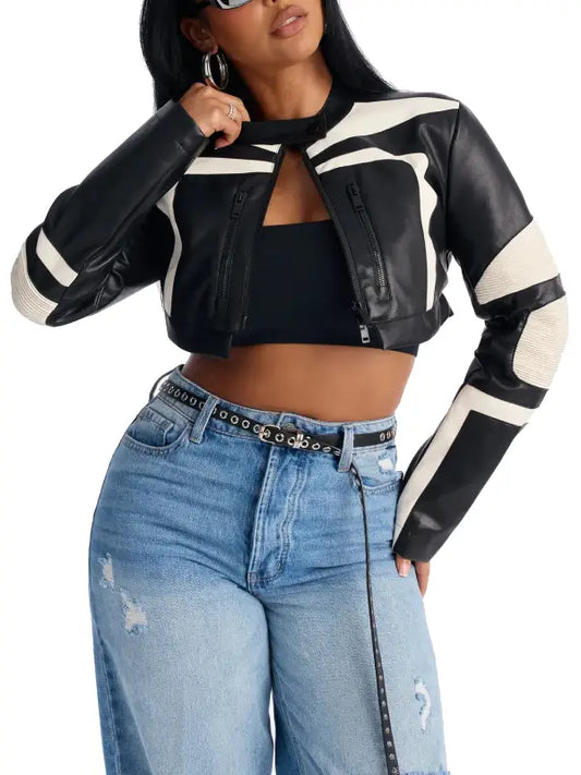 Women’s Cropped Black & White Leather Biker Jacket