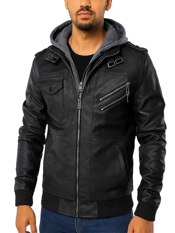 Black Bomber Hooded Leather Jacket | Men's Leather Bomber Jacket Black Bomber Hooded Leather Jacket | Men's Leather Bomber Jacket