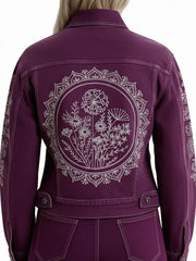 Women's Artistic Design Purple Denim Jacket With White Embroidery