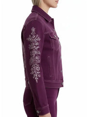 Women's Artistic Design Purple Denim Jacket With White Embroidery