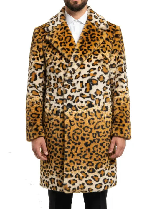 Men's Luxe Leopard Print Faux Fur Long Coat - The Leather Jackets
