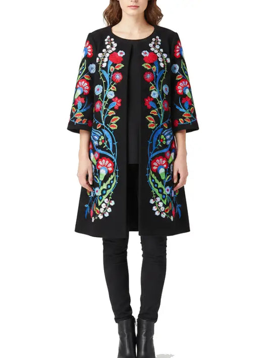 Women's Bohemian Multicolor Floral Printed Maxi Coat - The Leather Jackets