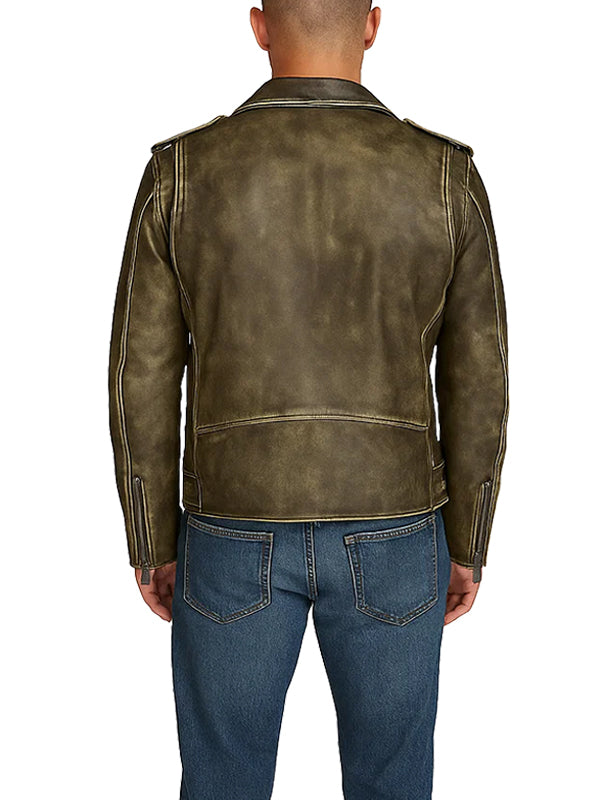 Olive Green Leather Biker Jacket mens