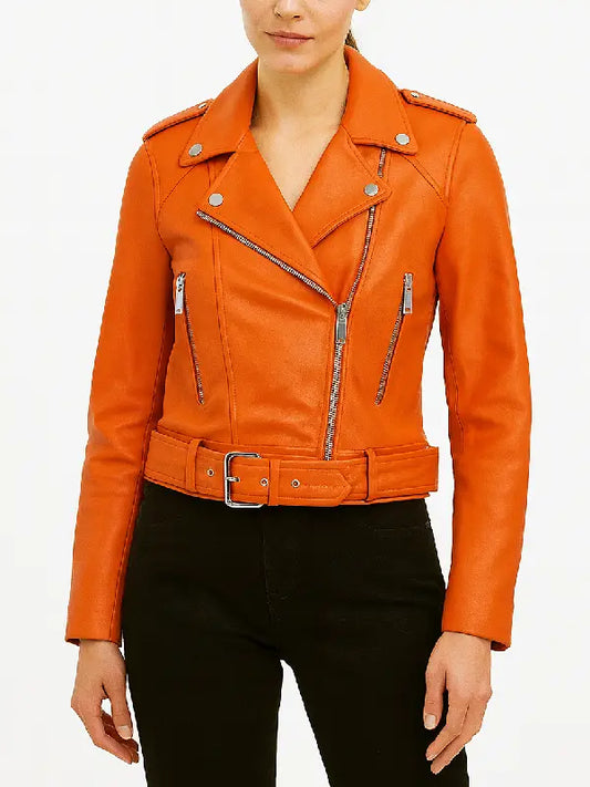 Orange Biker Genuine Leather Jacket - The Leather Jackets