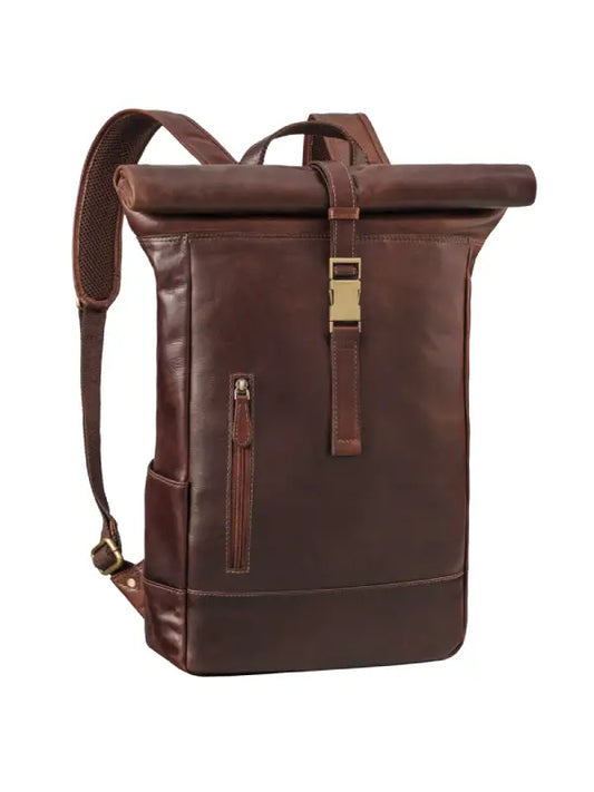 Premium Full-Grain Brown Leather Roll-Top Backpack – Vintage Laptop & Travel Bag