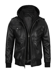 Removable Hood Leather Moto Jacket