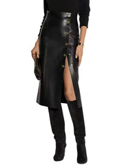 Women’s Black High-Waist Button-Front Leather Midi Skirt