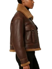 Women’s Brown Shearling Aviator Jacket – Cropped Leather Winter Coat