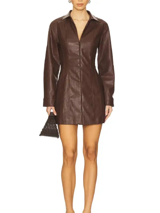 Premium Brown Fitted Leather Mini Shirt Dress
