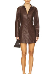 Premium Brown Fitted Leather Mini Shirt Dress