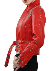 Women’s Red Studded Leather Jacket with Silver Rivet Detailing