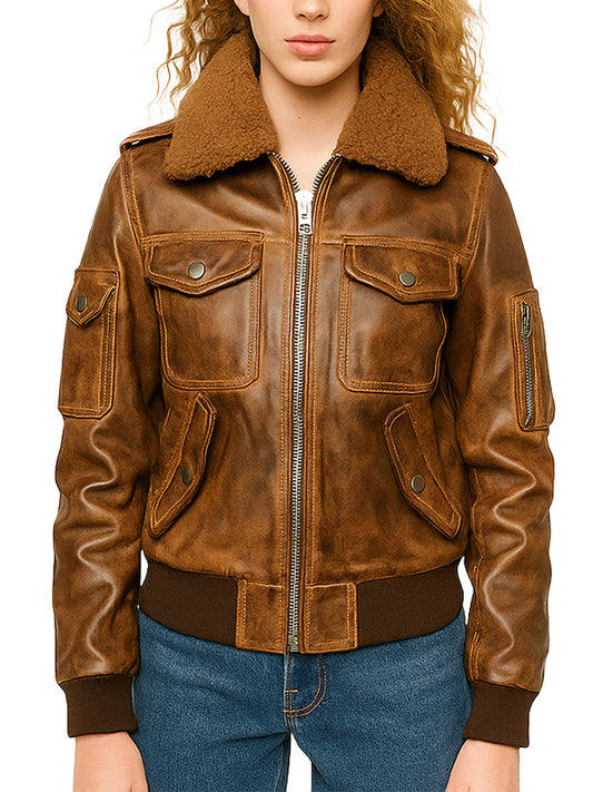 Stylish Brown Leather Bomber Jacket With Fur Collar