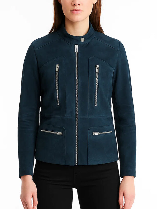 Suede Blue Biker Leather Jacket