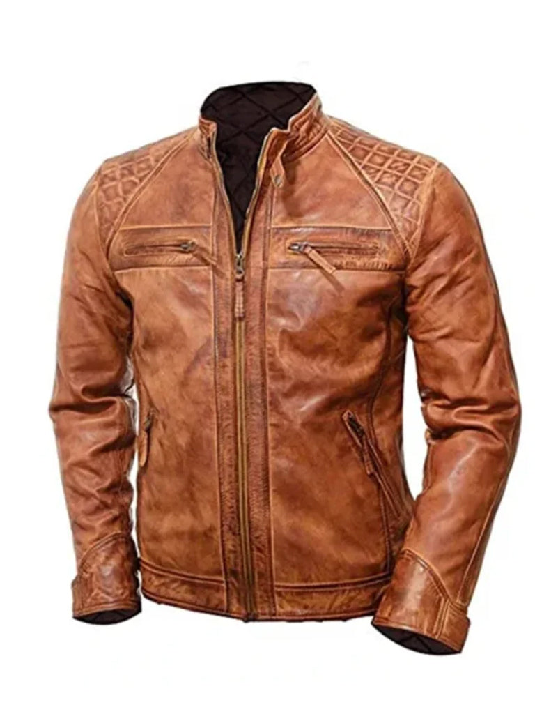 Tan Brown Quilted Biker Leather Jacket - The Leather Jackets