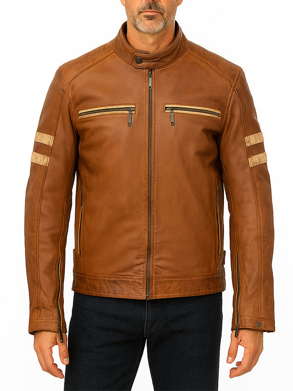 Tan Brown Stripes Biker Leather Jacket