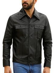 Trucker Style Black Leather Jacket