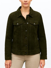 Trucker Style Green Suede Leather Jacket