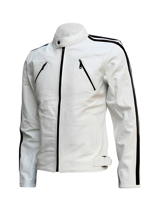 White Stripes Biker Genuine Leather Jacket - The Leather Jackets
