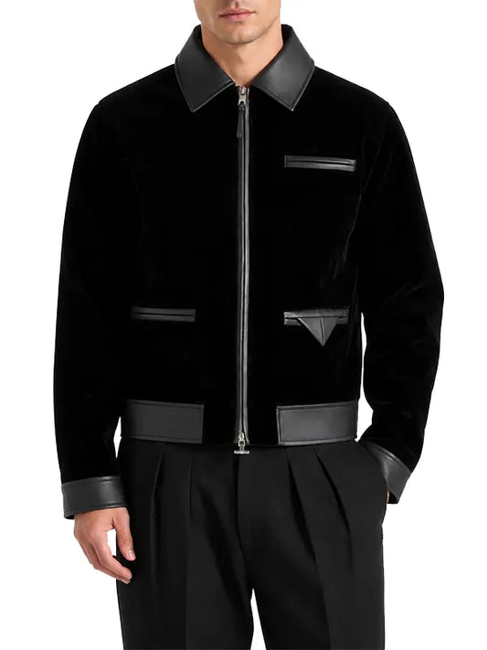 Velvet & Vegan Leather Contrast Jacket – Black