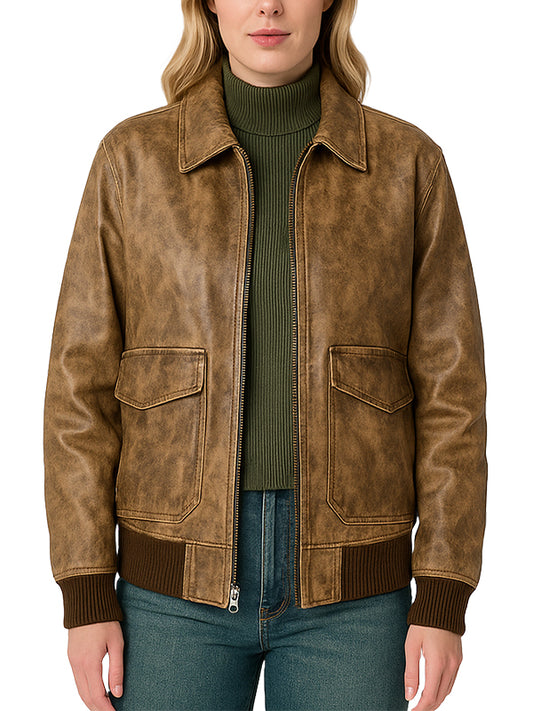 Vintage Distressed Brown Leather Bomber Jacket
