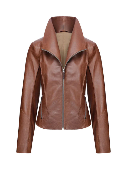 WoMen's Tan Brown Regular Fit Leather Jacket