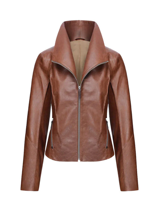 WoMen's Tan Brown Regular Fit Leather Jacket