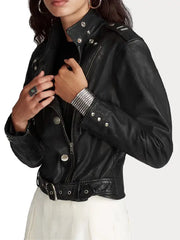 Women’s Black Leather Biker Jacket with Silver Hardware