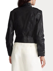 Women’s Black Leather Biker Jacket with Silver Hardware