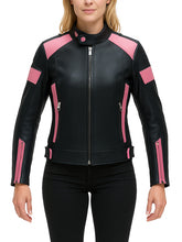 Women Black and Pink Leather Biker Jacket
