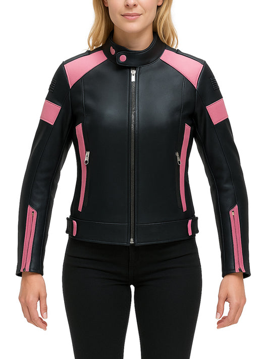Women Black and Pink Leather Biker Jacket