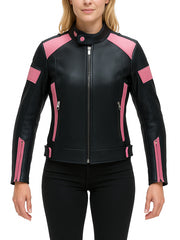 Women Black and Pink Leather Biker Jacket