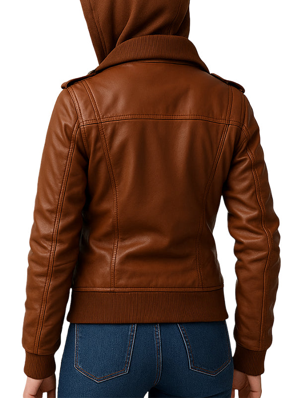 Women Brown Leather Bomber Jacket