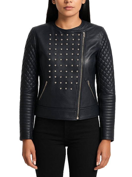 Women Celeste Studded Black Leather Jacket