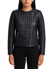 Women Celeste Studded Black Leather Jacket