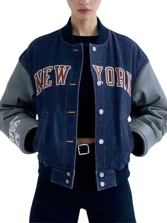 Women's New York Denim Varsity Jacket With Leather Sleeves
