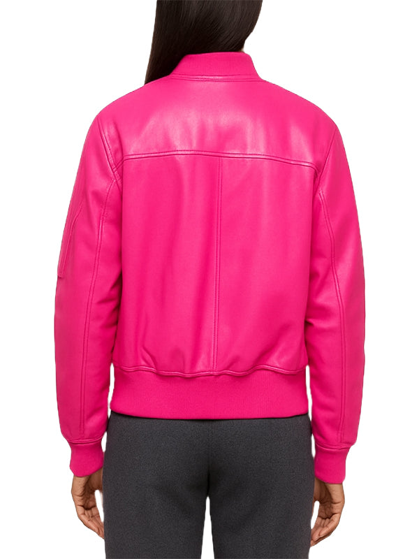 Women Pink Leather Bomber Jacket