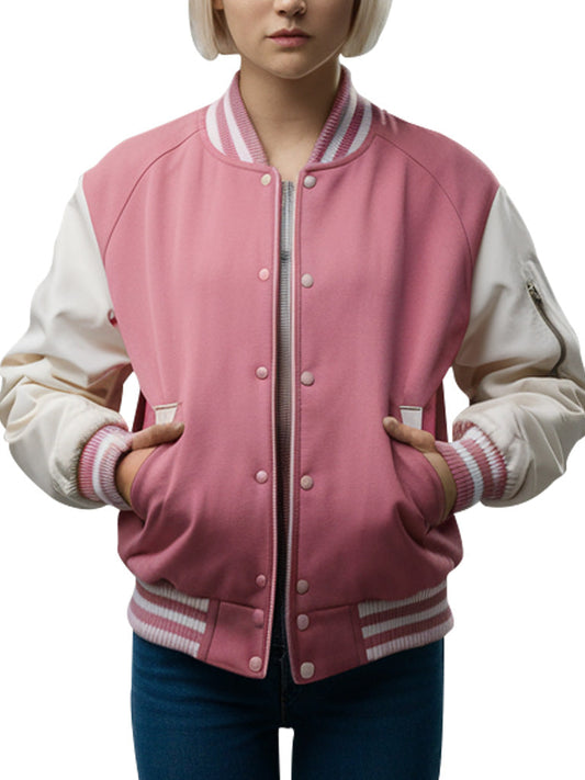 Women's Pink and White Varsity Bomber Jacket - The Leather Jackets