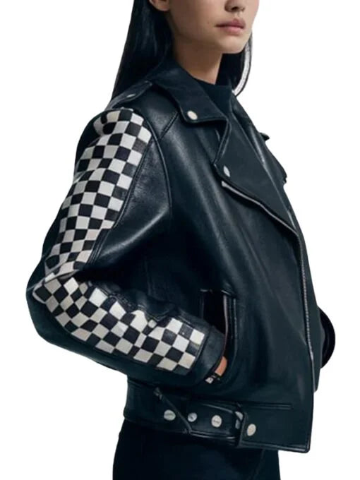 Women Checkered Studded Leather Biker Jacket