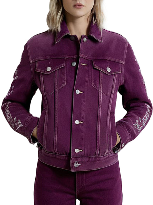Women's Artistic Design Purple Denim Jacket With White Embroidery - The Leather Jackets