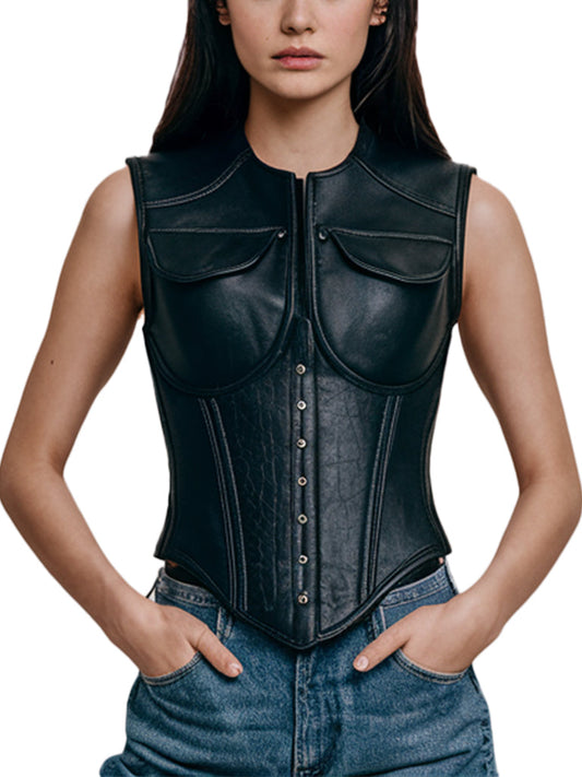 Women's Black Leather Corset Vest - The Leather Jackets