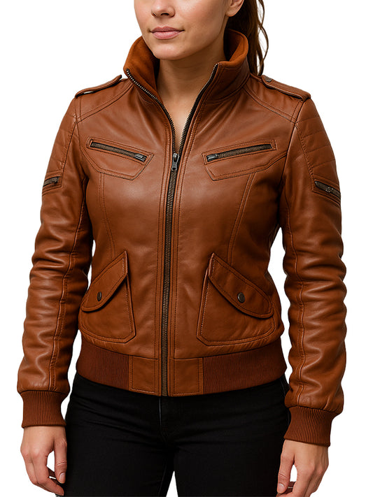 Womens Brown Leather Bomber Jacket With Stylish Pockets