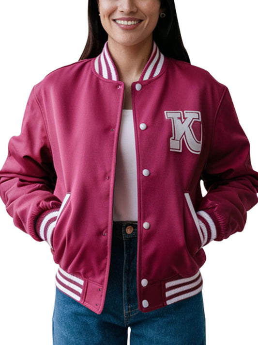 Women's Burgundy Varsity Letterman Jacket With White Stripes - The Leather Jackets