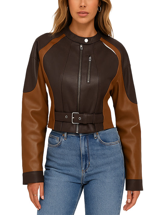 Womens Color Block Leather Cropped Jacket