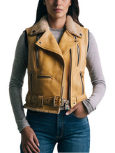 Women's Mustard Leather Shearling Collar Biker Vest