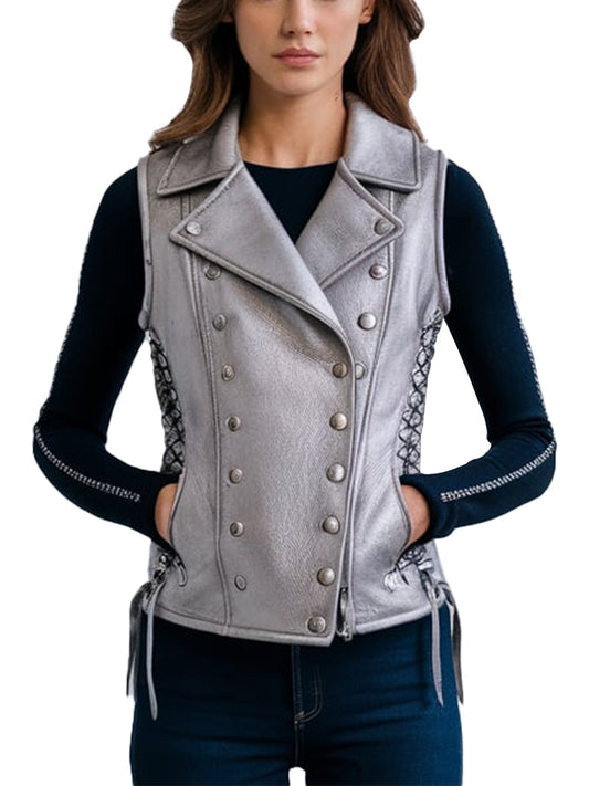 Women's Silver Leather Vest With Lace-Up Sides - The Leather Jackets